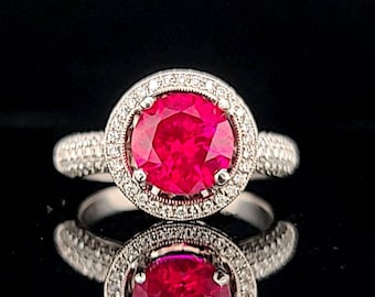 18k white gold engagement diamond Ring 2.55CT.Gem Ruby Round shape