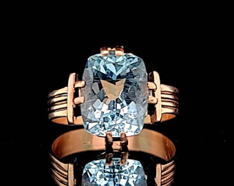 14k rose gold Vintage Ring 3.18CT. Natural sky Blue  Aquamarine in cushion shape