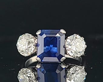 Art Deco Platinum Filigree Ring: 3.38ct Blue Sapphire, Diamond Accents