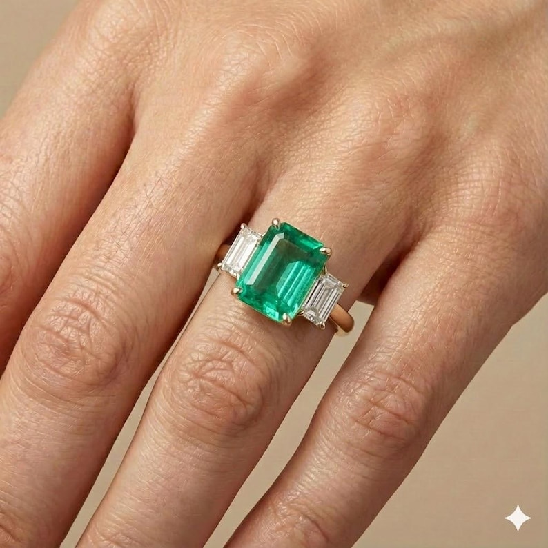 14K Yellow Gold Engagement Three-stone Ring 4.18CT. Natural Green Emerald afbeelding 2