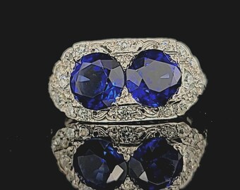 Vintage Art Deco Sapphire Ring: 14k White Gold Filigree, 3.83CT Blue Sapphire