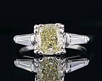 Vintage 14k White Gold Engagement Ring: 1.50ct Cushion Cut Yellow Diamond, GIA Certified