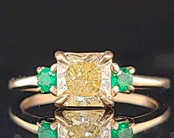 Vintage 14k Yellow Gold Engagement Ring: 1.17ct Radiant Yellow Diamond, Emerald Accents (GIA Cert)