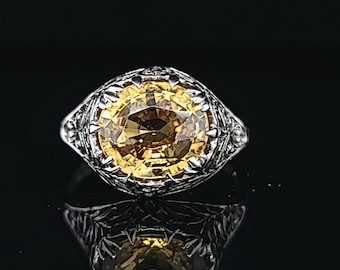 14k White Gold Antique art deco filigree natural Yellow sapphire Engagement Ring  5.70ct