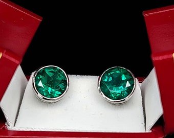 14K White Gold Gem green Emerald studs  Earrings 3.76 ct Round Shape bezel set