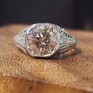 Vintage platinum Engagement  ring art deco filigree round cut  natural champagne Diamond 2.75ct circ 1930's