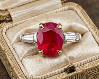 Vintage Platinum 14k yellow gold Engagement Ring 2.78ct Natural Burma Ruby Oval GIA Certified