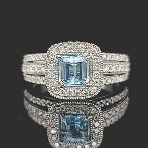 14K White Gold Aquamarine Engagement Ring 1.84ct.Natural Sky Blue Emerald Shape Diamond Accents