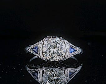 Vintage 18k White Gold Art Deco Diamond Engagement Ring: 1.31ct.Filigree Sapphire Accents