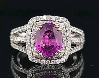 Natural Pink Sapphire Engagement Ring 18K White Gold Oval 2.24ct Diamond Accents Vintage Style