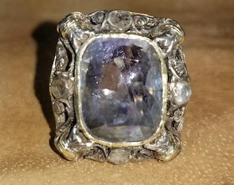 10.35CT Antique 18k Yellow Gold Art Deco Filigree Natural Gray Cushion Sapphire circ 1900's