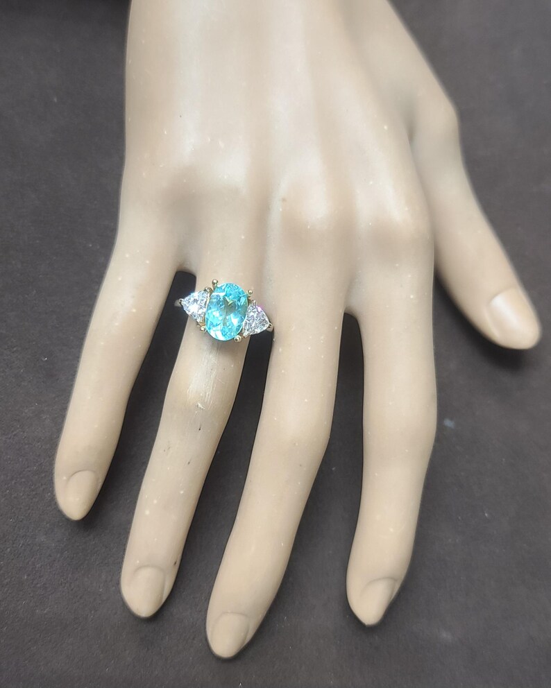Vintage 14k white yellow gold ring natural paraiba tourmaline 2.93ct with trillion diamonds image 13
