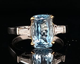 Platinum 18K Yellow vintage Gold engagement Ring 1.89CT. Natural Gem Blue Aquamarine cushion shape