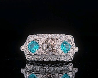 Platin Vintage art deco 1.48ct.natural alte Mine Diamant Ring blauer Turmalin Edelstein