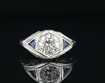 1.01CT 18k white  gold filigree art deco Ring old mine cut natural  Diamond SI2-H circ 1930's