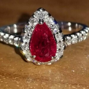 14k white gold engagement Ring 1.23CT. Natural untreated  ruby pear shape GIA cert