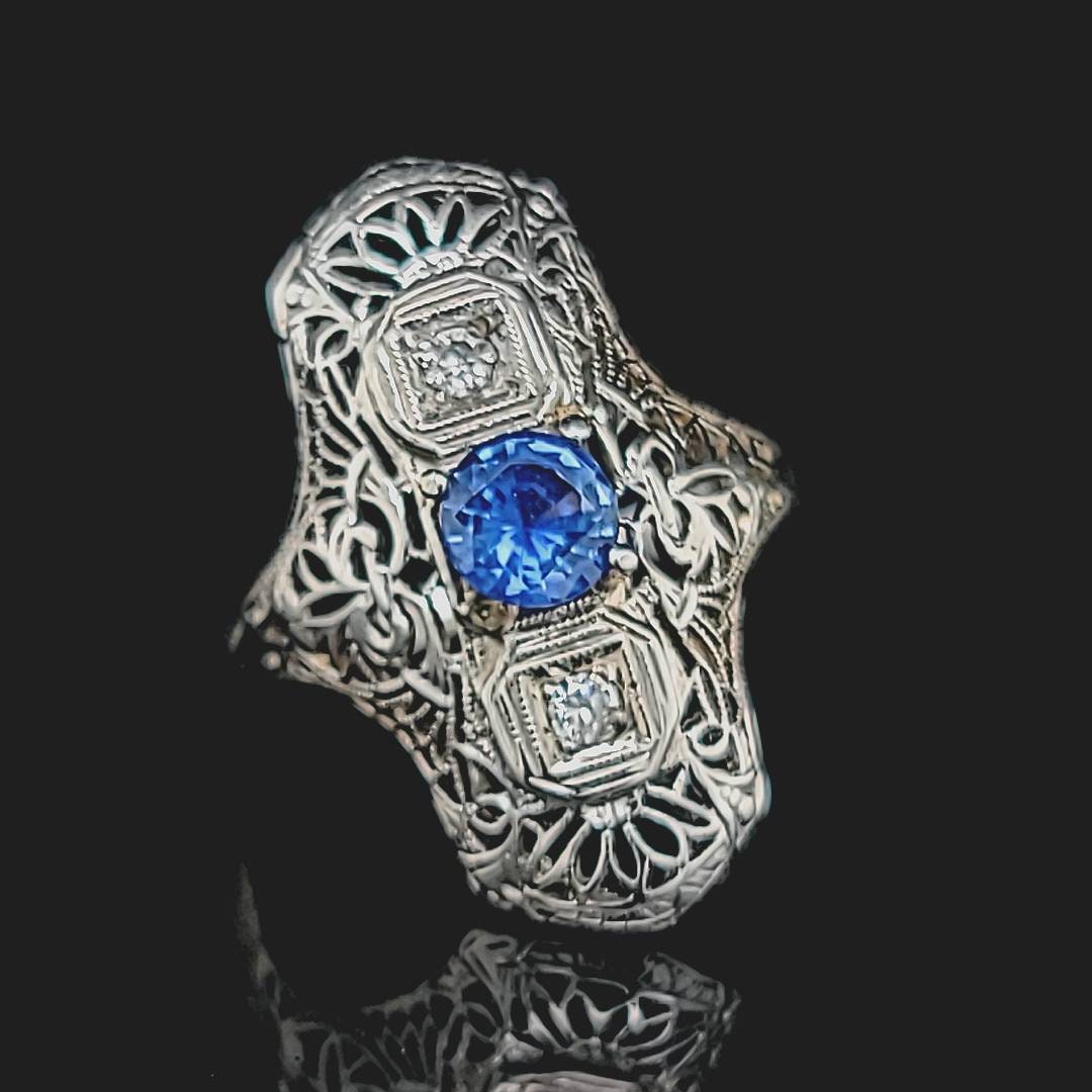 Vintage Art Deco Round Natural Blue Sapphire Ring 18k White | Etsy