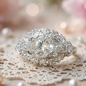 0.85CT Antique Platinum Diamond engagement Ring: Art Deco Filigree, 1930s