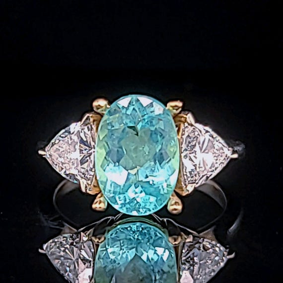 Vintage 14k white yellow gold ring natural paraiba tourmaline 2.93ct with trillion diamonds