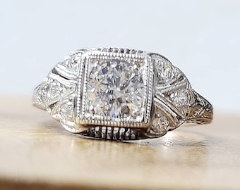 Platinum filigree art deco engagement ring natural round  cut  Diamond 0.82ct SI2-H circ 1920's