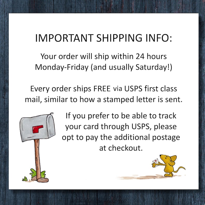 May include: A white square with the text "IMPORTANT SHIPPING INFO:" and other text about shipping. There is an illustration of a gray mailbox with a red flag, and a yellow mouse holding a letter.