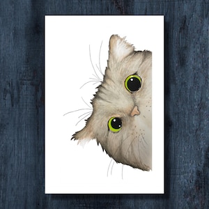 May include: Watercolor illustration of a gray cat peeking from the side. The cat has bright green eyes, a pink nose, and long whiskers. The artwork is on a white background.