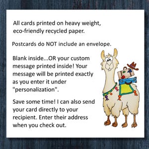 May include: A white postcard with text about custom printing and a cartoon llama carrying luggage. The llama has a brown hat and is wearing a green and yellow blanket. The card is printed on recycled paper.