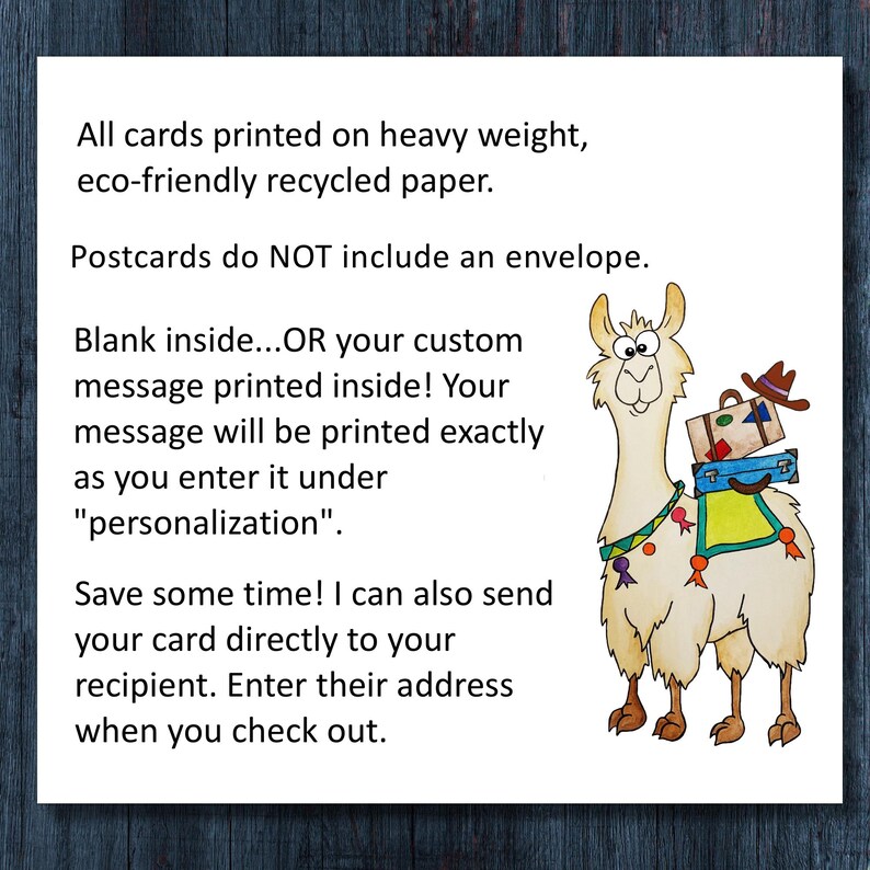 May include: A white postcard with text about custom printing and a cartoon llama carrying luggage. The llama has a brown hat and is wearing a green and yellow blanket. The card is printed on recycled paper.