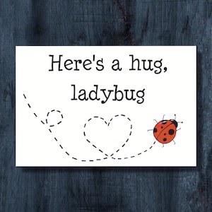 May include: A rectangular white card featuring the black text Here's a hug, ladybug. Below the text is a dashed black line that forms a heart shape, ending with a small red and black ladybug illustration on the right side of the card.