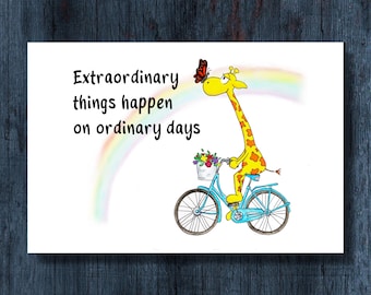 Funny Giraffe on a Bicycle Postcard - Extraordinary Things Happen on Ordinary Days!
