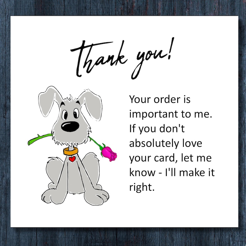 May include: A white card with a cartoon dog holding a pink rose in its mouth. The dog has a gold collar with a red heart. The text "Thank you!" is above the dog, with additional text below.