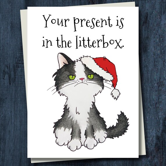 Funny Cat Christmas Card - Your Present is in the Litter Box!