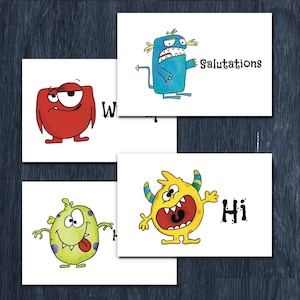 May include: Four rectangular white greeting cards featuring colorful cartoon monsters. One card shows a blue monster with the text Salutations, one a red monster, one a yellow monster with the text Hi, and one a green monster with purple spots.