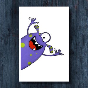 May include: A whimsical illustration of a purple monster with green spots, a wide grin, and one large eye. The cartoon character has its arms raised in a playful gesture, set against a white background.