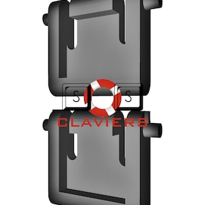 Peut inclure: Un objet en métal gris avec deux ouvertures rectangulaires et une bouée de sauvetage avec les lettres "SOS" en noir sur fond blanc. Les mots "CLAVIERS" sont imprimés en rouge sur le bas de l'objet.