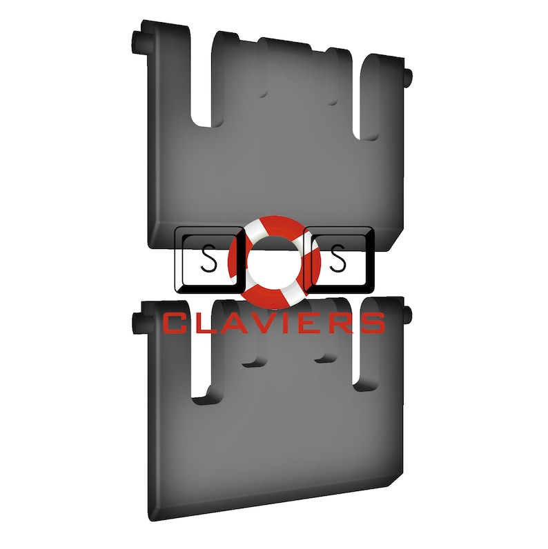 May include: A black plastic keyboard with the letters "S" and "S" on two keys and the word "CLAVIER" in red letters. A red and white life preserver is between the two "S" keys.