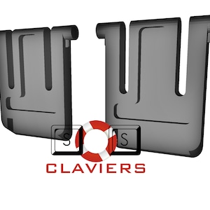 Puede incluir: Un logotipo negro y gris con la palabra "CLAVIERS" en letras rojas. El logotipo presenta dos letras "U" estilizadas con un salvavidas y dos teclas con la letra "S" en ellas.