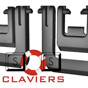 Könnte beinhalten: Drei schwarze U-förmige Halterungen aus Kunststoff mit einem roten und weißen Rettungsring und dem Wort "CLAVIERS" in roten Buchstaben.