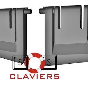 May include: Two gray, rectangular keyboard components with a unique design. The components have a series of vertical slots and a horizontal bar. The image includes the text "CLAVIERS" and a life preserver graphic with the letters "S" on each side.