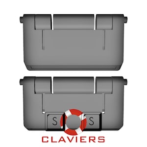 Puede incluir: Un teclado gris con dos teclas etiquetadas con "S" y un gráfico de salvavidas rojo en el centro. El texto "CLAVIERS" está impreso debajo de las teclas.