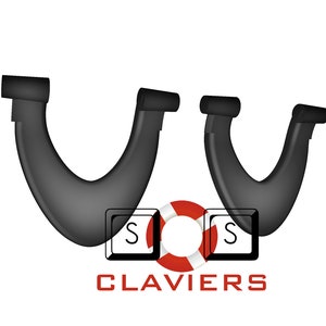 Op de afbeelding: Twee zwarte U-vormige metalen beugels, mogelijk voor het bevestigen van een plank of een ander object. De beugels worden getoond tegen een witte achtergrond. Het woord "CLAVIERS" is in rood onder de beugels gedrukt.