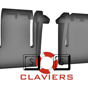 May include: Two black plastic clips with a U-shaped design. The clips are used to secure items together.