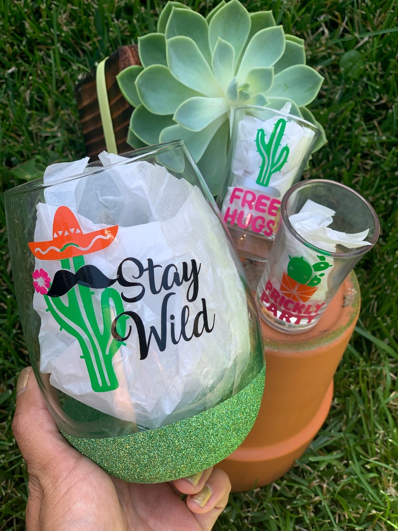 Don/'t Touch This Prickly Party. Cactus Wine Glass Gift Set Free Hugs Stay Wild Latina Gift Set Shot Glass Set Spiked Wine Glass