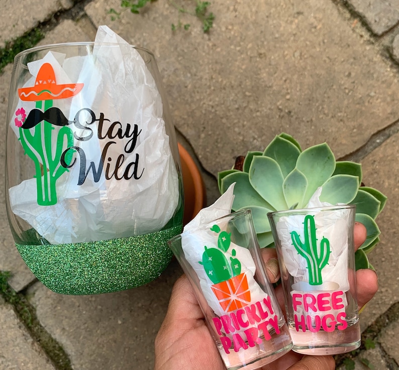 Don/'t Touch This Prickly Party. Cactus Wine Glass Gift Set Free Hugs Stay Wild Latina Gift Set Shot Glass Set Spiked Wine Glass