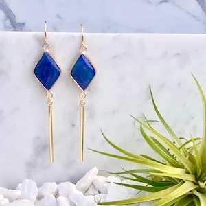 14k Gold Lapis Lazuli Diamond Bar Dangle Earrings