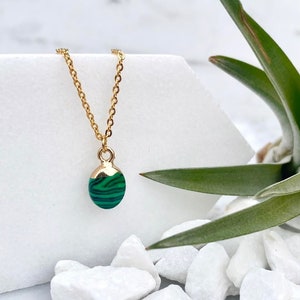 gold malachite necklace, gold malachite charm, green gemstone necklace, gold green stone necklace, malachite jewelry, dainty charm necklace