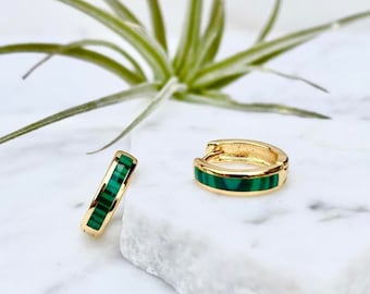 hoop earrings, malachite earrings, stone hoop earrings, gold huggie earrings, green stone earring, gold earring, minimalist earrings