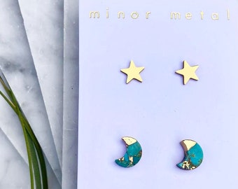 earring set, stone earrings, raw turquoise earrings, moon earrings, star earrings, gold earrings, celestial earrings, turquoise earrings