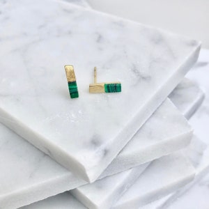 malachite earrings, geometric earrings, bar earrings, gold earrings, gold bar earrings, green earrings, minimalist earrings, gold studs