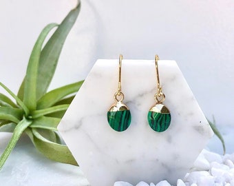 malachite earrings, gemstone earrings, gold dangle earrings, minimal earrings, green gemstone earrings, gold earrings, simple gold earrings